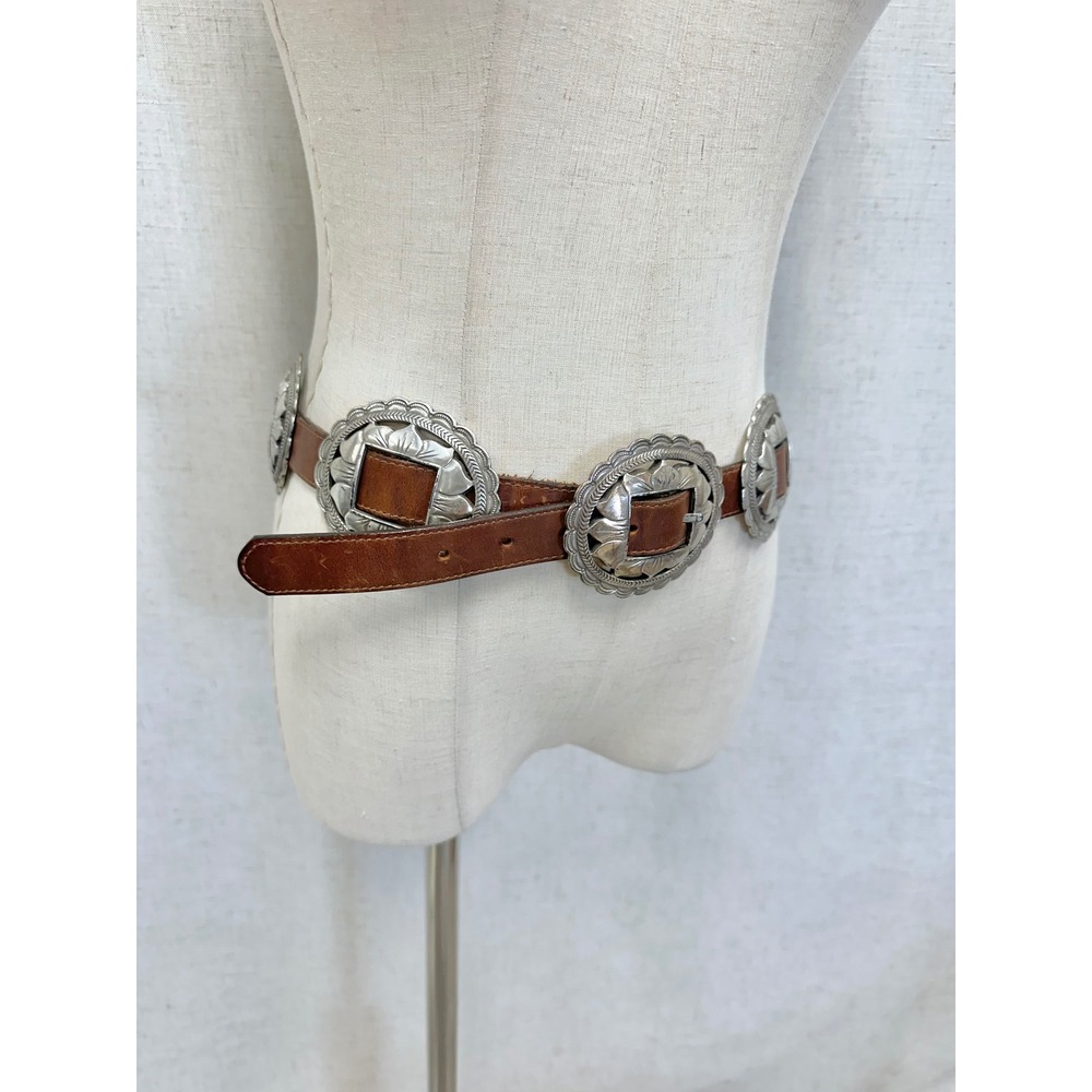 Vintage '93 Brown Leather Sunflower Silver Concho Belt Womens Large Southwestern - Picture 8 of 16